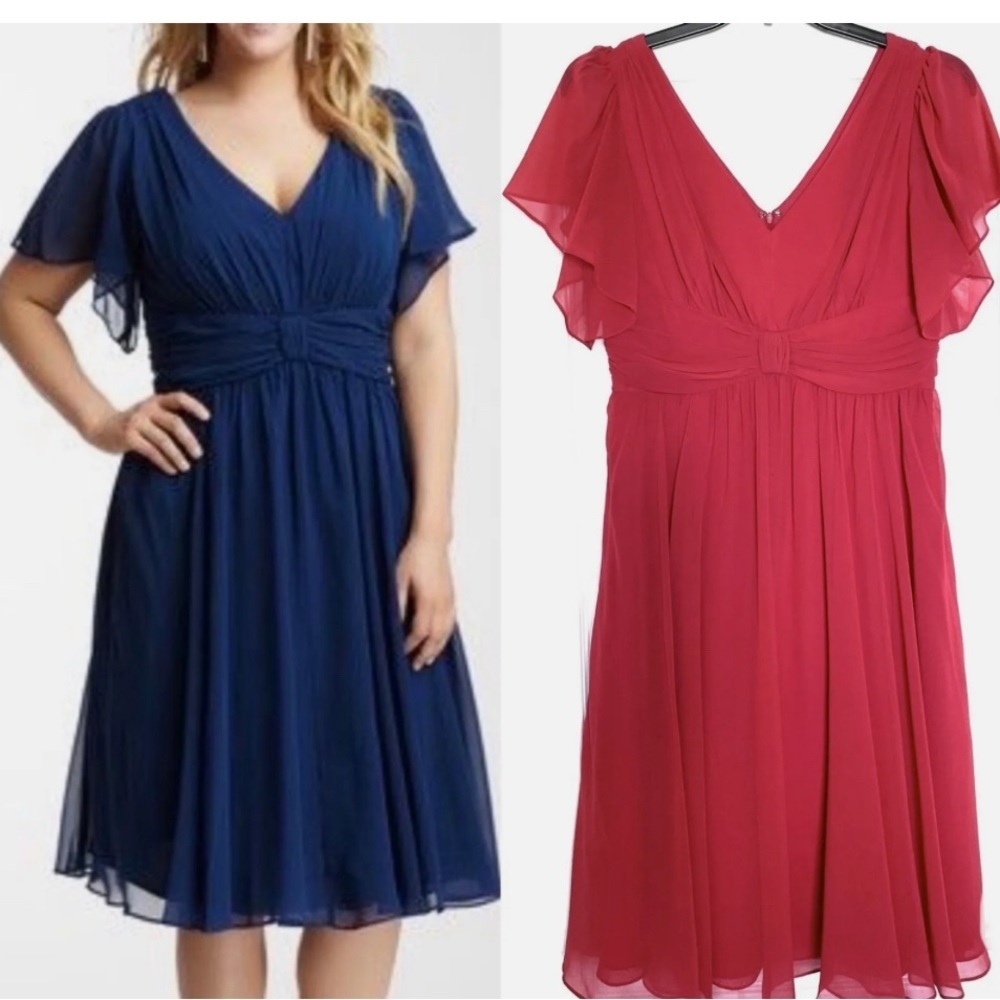 SUZI CHIN MAGGY BOUTIQUE Red Flutter Sleeve Chiffon Ruched V-Neck Midi D…